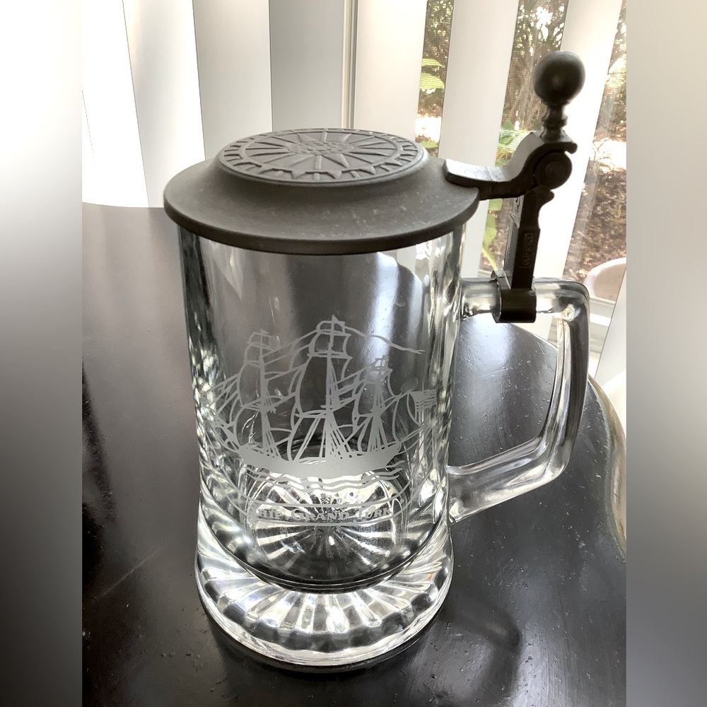 Vintage Etched Glass Beer Stein With Pewter Lid